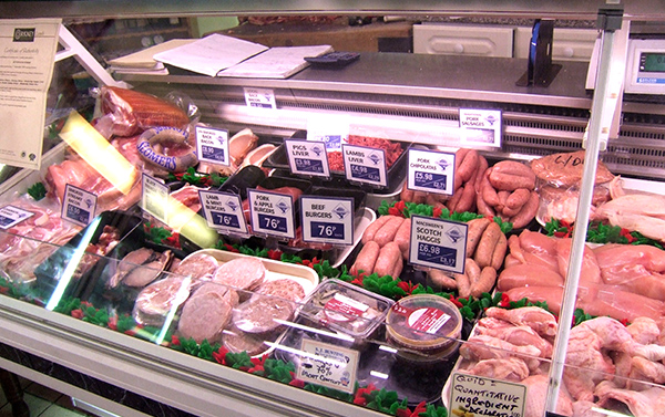 Sausages and burgers at Buntings food store in Coggeshall, Essex